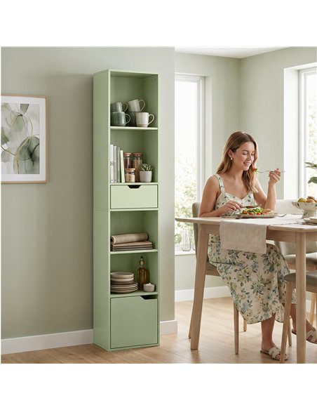 HOMCOM 6-Tier Bookcase, Tall Narrow Bookshelf with Drawer and Door - Green - pic 206449 | FastDaddyshop