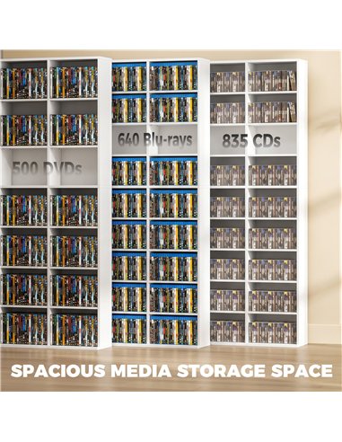 HOMCOM 835 CD/500 DVD Storage Unit, Blu-ray Media Storage Shelf with 27 Compartments and 21 Adjustable Shelves, White