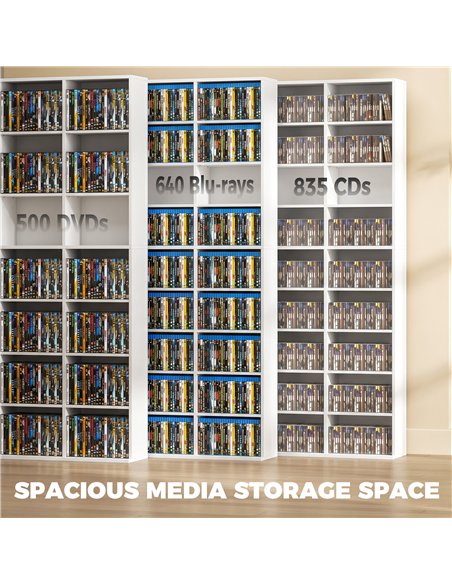 HOMCOM 835 CD/500 DVD Storage Unit, Blu-ray Media Storage Shelf with 27 Compartments and 21 Adjustable Shelves, White - pic 206463 | FastDaddyshop
