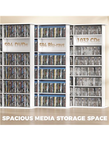 HOMCOM 1032 CD/594 DVD Storage Unit, Blu-ray Media Storage Shelf with 24 Compartments and 18 Adjustable Shelves, White