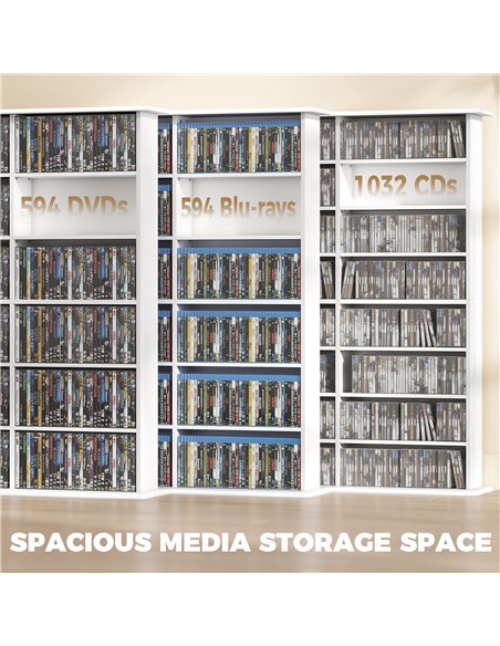 HOMCOM 1032 CD/594 DVD Storage Unit, Blu-ray Media Storage Shelf with 24 Compartments and 18 Adjustable Shelves, White - pic 206472 | FastDaddyshop