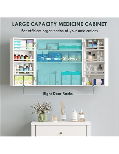 HOMCOM Wall Mount Medicine Cabinet with Key Lock, 3 Tier First Aid Cabinet with 2 Doors and 11 Storage Compartments, White