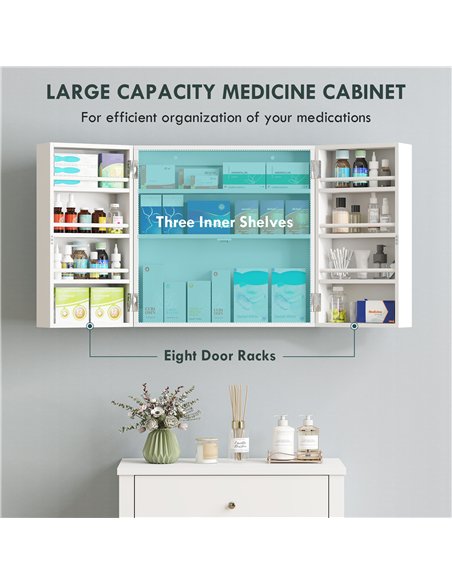 HOMCOM Wall Mount Medicine Cabinet with Key Lock, 3 Tier First Aid Cabinet with 2 Doors and 11 Storage Compartments, White - pic 206499 | FastDaddyshop