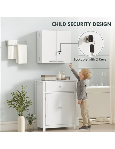HOMCOM Wall Mount Medicine Cabinet with Key Lock, 3 Tier First Aid Cabinet with 2 Doors and 11 Storage Compartments, White