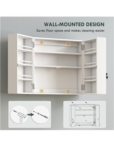 HOMCOM Wall Mount Medicine Cabinet with Key Lock, 3 Tier First Aid Cabinet with 2 Doors and 11 Storage Compartments, White