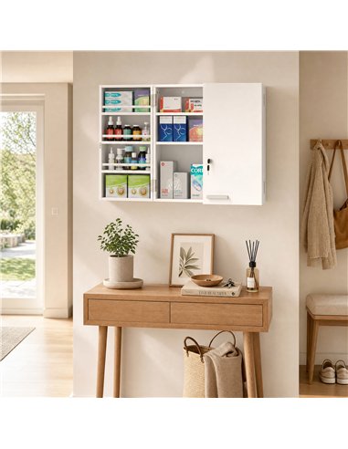 HOMCOM Wall Mount Medicine Cabinet with Key Lock, 3 Tier First Aid Cabinet with 2 Doors and 11 Storage Compartments, White