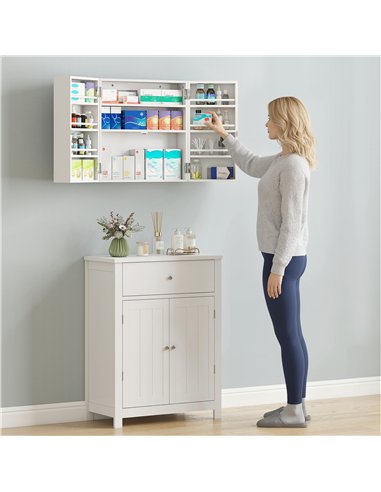 HOMCOM Wall Mount Medicine Cabinet with Key Lock, 3 Tier First Aid Cabinet with 2 Doors and 11 Storage Compartments, White