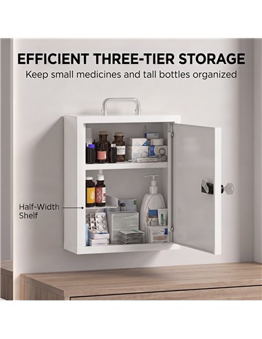 HOMCOM Wall Mount Medicine Cabinet with Combination and Key Lock, 3 Tier Steel First Aid Cabinet, White