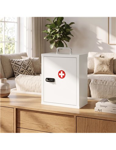 HOMCOM Wall Mount Medicine Cabinet with Combination and Key Lock, 3 Tier Steel First Aid Cabinet, White