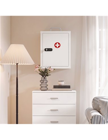 HOMCOM Wall Mount Medicine Cabinet with Combination and Key Lock, 3 Tier Steel First Aid Cabinet, White