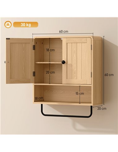 HOMCOM Bathroom Cabinet Wall Mounted, Bathroom Wall Cabinet with 2 Doors, Adjustable Shelf Storage for Toilet, Oak