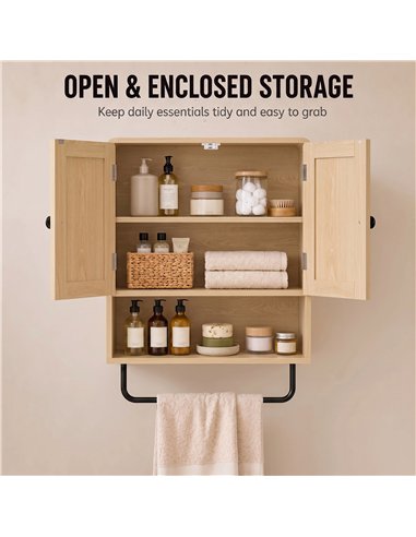 HOMCOM Bathroom Cabinet Wall Mounted, Bathroom Wall Cabinet with 2 Doors, Adjustable Shelf Storage for Toilet, Oak