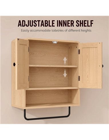 HOMCOM Bathroom Cabinet Wall Mounted, Bathroom Wall Cabinet with 2 Doors, Adjustable Shelf Storage for Toilet, Oak