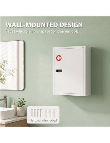 HOMCOM Wall Mount Medicine Cabinet, Bathroom Cabinet with Combination Lock, Door and Storage Shelves, White