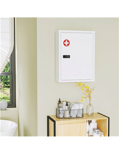 HOMCOM Wall Mount Medicine Cabinet, Bathroom Cabinet with Combination Lock, Door and Storage Shelves, White