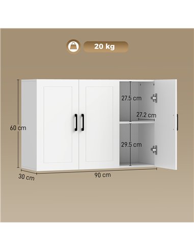 HOMCOM Bathroom Wall Cabinet, Wall Mounted Bathroom Cabinet, Over the Toilet Space Saver with Adjustable Shelves, White