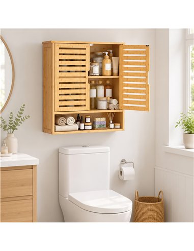 HOMCOM Bathroom Wall Cabinet, Wall Mounted Bathroom Cabinet with 2 Louvered Doors, Open Shelf and Adjustable Shelf Storage