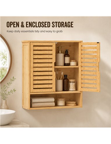 HOMCOM Bathroom Wall Cabinet, Wall Mounted Bathroom Cabinet with 2 Louvered Doors, Open Shelf and Adjustable Shelf Storage