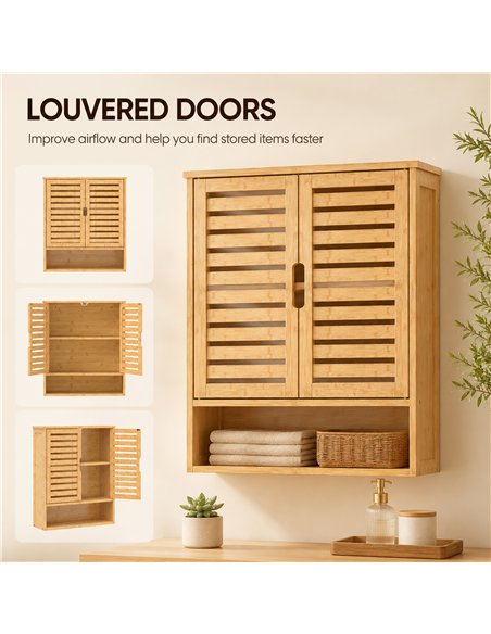 HOMCOM Bathroom Wall Cabinet, Wall Mounted Bathroom Cabinet with 2 Louvered Doors, Open Shelf and Adjustable Shelf Storage - pic 206556 | FastDaddyshop