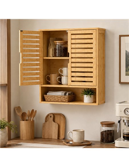HOMCOM Bathroom Wall Cabinet, Wall Mounted Bathroom Cabinet with 2 Louvered Doors, Open Shelf and Adjustable Shelf Storage - pic 206557 | FastDaddyshop