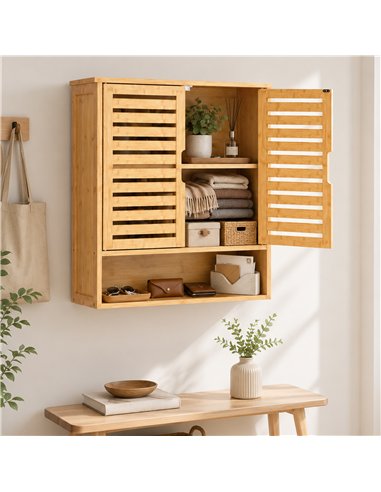 HOMCOM Bathroom Wall Cabinet, Wall Mounted Bathroom Cabinet with 2 Louvered Doors, Open Shelf and Adjustable Shelf Storage