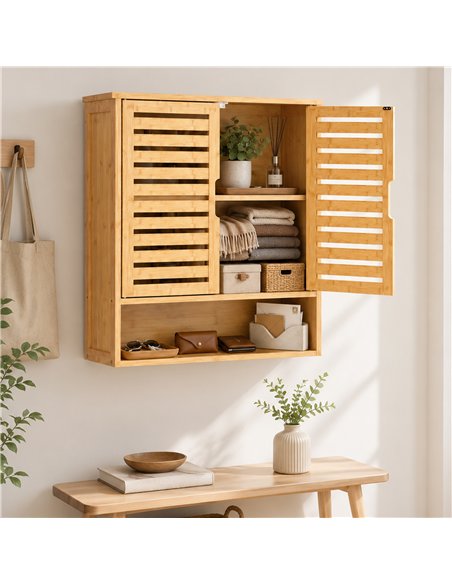 HOMCOM Bathroom Wall Cabinet, Wall Mounted Bathroom Cabinet with 2 Louvered Doors, Open Shelf and Adjustable Shelf Storage - pic 206558 | FastDaddyshop