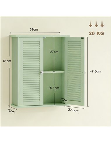 HOMCOM Bathroom Cabinet, Bathroom Wall Cabinet with Louvered Doors and Adjustable Shelf Storage for Kitchen, Light Green