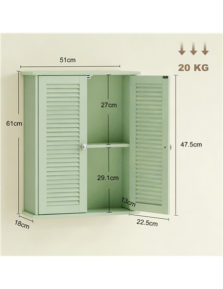 HOMCOM Bathroom Cabinet, Bathroom Wall Cabinet with Louvered Doors and Adjustable Shelf Storage for Kitchen, Light Green - pic 206579 | FastDaddyshop