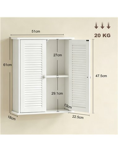 HOMCOM Bathroom Cabinet, Bathroom Wall Cabinet with Louvered Doors and Adjustable Shelf Storage for Kitchen, White