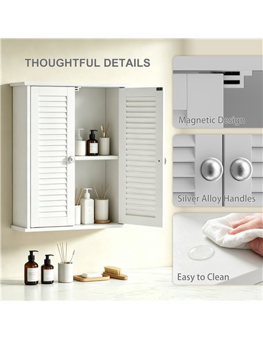 HOMCOM Bathroom Cabinet, Bathroom Wall Cabinet with Louvered Doors and Adjustable Shelf Storage for Kitchen, White