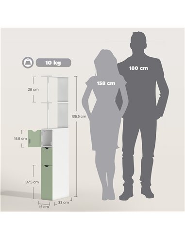HOMCOM Slim Bathroom Storage Cabinet, Tall Bathroom Floor Cabinet with 2-Tier Shelf and 2 Drawers, White and Light Green
