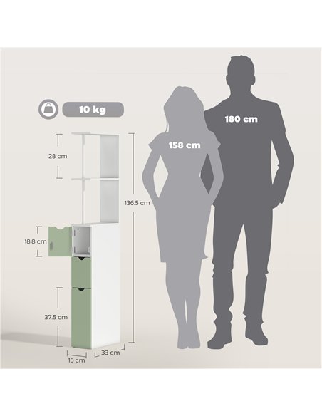 HOMCOM Slim Bathroom Storage Cabinet, Tall Bathroom Floor Cabinet with 2-Tier Shelf and 2 Drawers, White and Light Green - pic 206606 | FastDaddyshop
