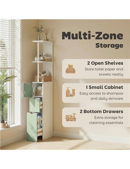 HOMCOM Slim Bathroom Storage Cabinet, Tall Bathroom Floor Cabinet with 2-Tier Shelf and 2 Drawers, White and Light Green - pic 206608 | FastDaddyshop