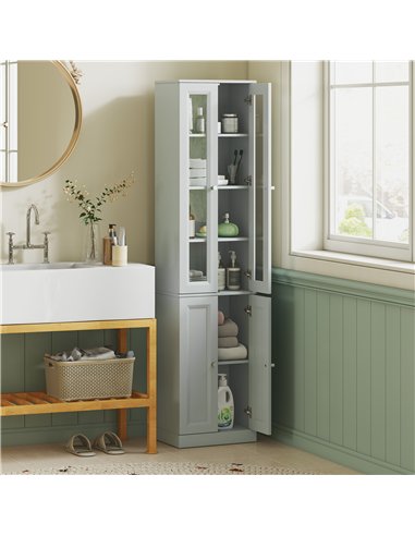 HOMCOM Tall Bathroom Storage Cabinet, 6-Tier Slim Bathroom Cabinet with Adjustable Shelf, 4 Soft-Close Doors, Dusty Blue