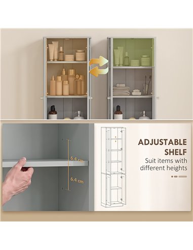 HOMCOM Tall Bathroom Storage Cabinet, 6-Tier Slim Bathroom Cabinet with Adjustable Shelf, 4 Soft-Close Doors, Dusty Blue