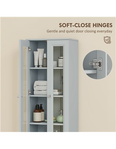 HOMCOM Tall Bathroom Storage Cabinet, 6-Tier Slim Bathroom Cabinet with Adjustable Shelf, 4 Soft-Close Doors, Dusty Blue