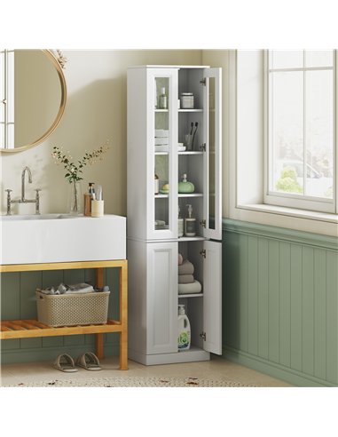 HOMCOM Tall Bathroom Storage Cabinet, 6-Tier Slim Bathroom Cabinet with Adjustable Shelf, 4 Soft-Close Doors, White
