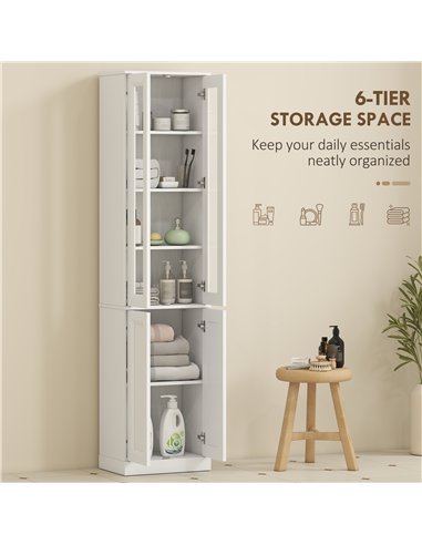 HOMCOM Tall Bathroom Storage Cabinet, 6-Tier Slim Bathroom Cabinet with Adjustable Shelf, 4 Soft-Close Doors, White