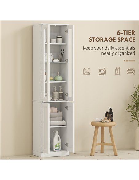 HOMCOM Tall Bathroom Storage Cabinet, 6-Tier Slim Bathroom Cabinet with Adjustable Shelf, 4 Soft-Close Doors, White - pic 206634 | FastDaddyshop