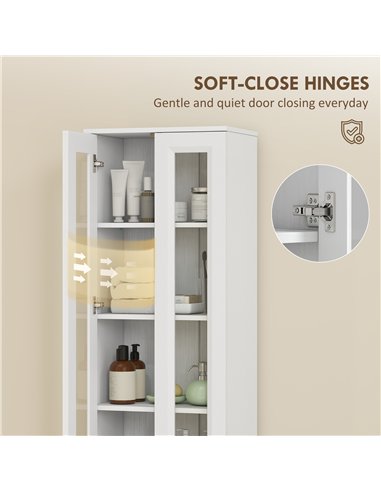HOMCOM Tall Bathroom Storage Cabinet, 6-Tier Slim Bathroom Cabinet with Adjustable Shelf, 4 Soft-Close Doors, White
