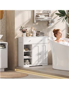 HOMCOM Bathroom Floor Cabinet, Freestanding Bathroom Cabinet with Drawer, Door, Open Shelves, White 2