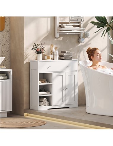 HOMCOM Bathroom Floor Cabinet, Freestanding Bathroom Cabinet with Drawer, Door, Open Shelves, White