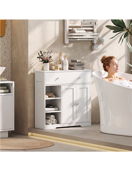 HOMCOM Bathroom Floor Cabinet, Freestanding Bathroom Cabinet with Drawer, Door, Open Shelves, White - pic 206641 | FastDaddyshop