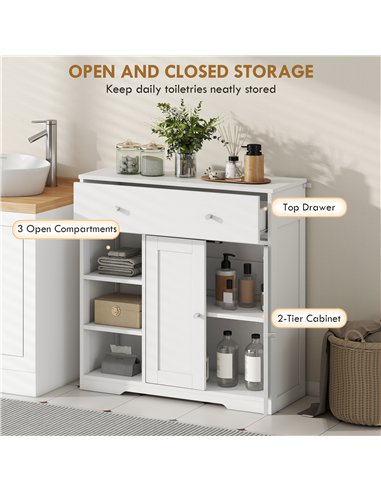 HOMCOM Bathroom Floor Cabinet, Freestanding Bathroom Cabinet with Drawer, Door, Open Shelves, White