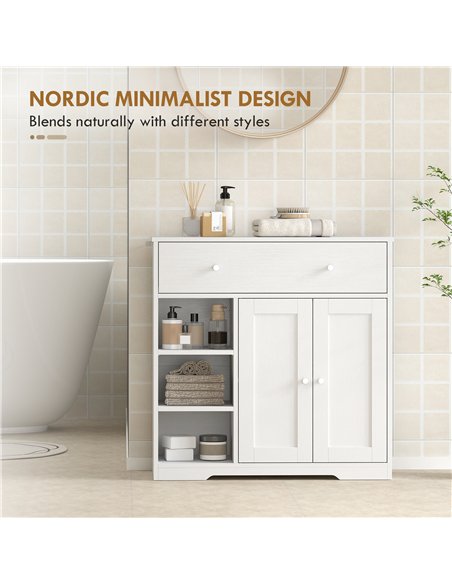 HOMCOM Bathroom Floor Cabinet, Freestanding Bathroom Cabinet with Drawer, Door, Open Shelves, White - pic 206645 | FastDaddyshop