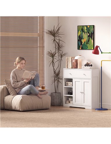 HOMCOM Bathroom Floor Cabinet, Freestanding Bathroom Cabinet with Drawer, Door, Open Shelves, White
