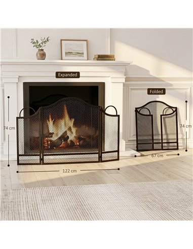 HOMCOM Floral 3-Panel Folding Fireplace Screen for Hearth Protection, Heat-Resistant Metal Fire Spark Guard, Black