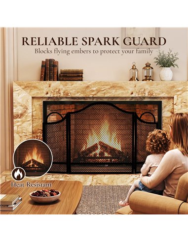 HOMCOM Floral 3-Panel Folding Fireplace Screen for Hearth Protection, Heat-Resistant Metal Fire Spark Guard, Black