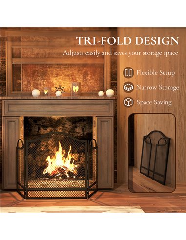 HOMCOM Floral 3-Panel Folding Fireplace Screen for Hearth Protection, Heat-Resistant Metal Fire Spark Guard, Black