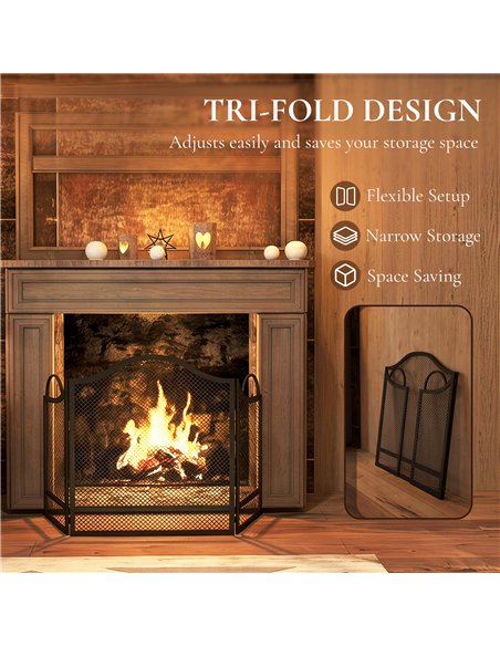 HOMCOM Floral 3-Panel Folding Fireplace Screen for Hearth Protection, Heat-Resistant Metal Fire Spark Guard, Black - pic 206680 | FastDaddyshop